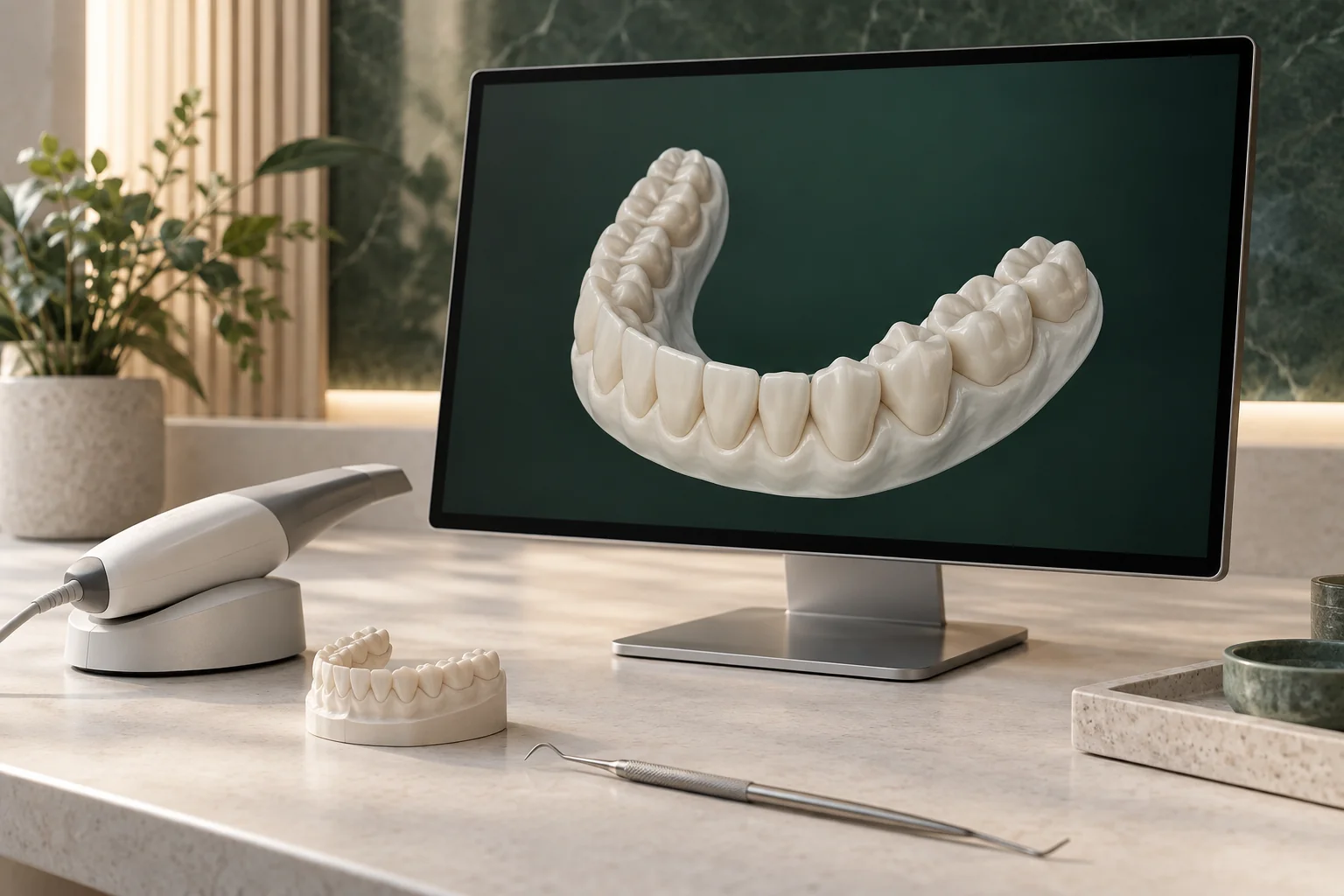 Illustration eines zahntechnischen CAD-Arbeitsplatzes mit digitalem Zahnmodell