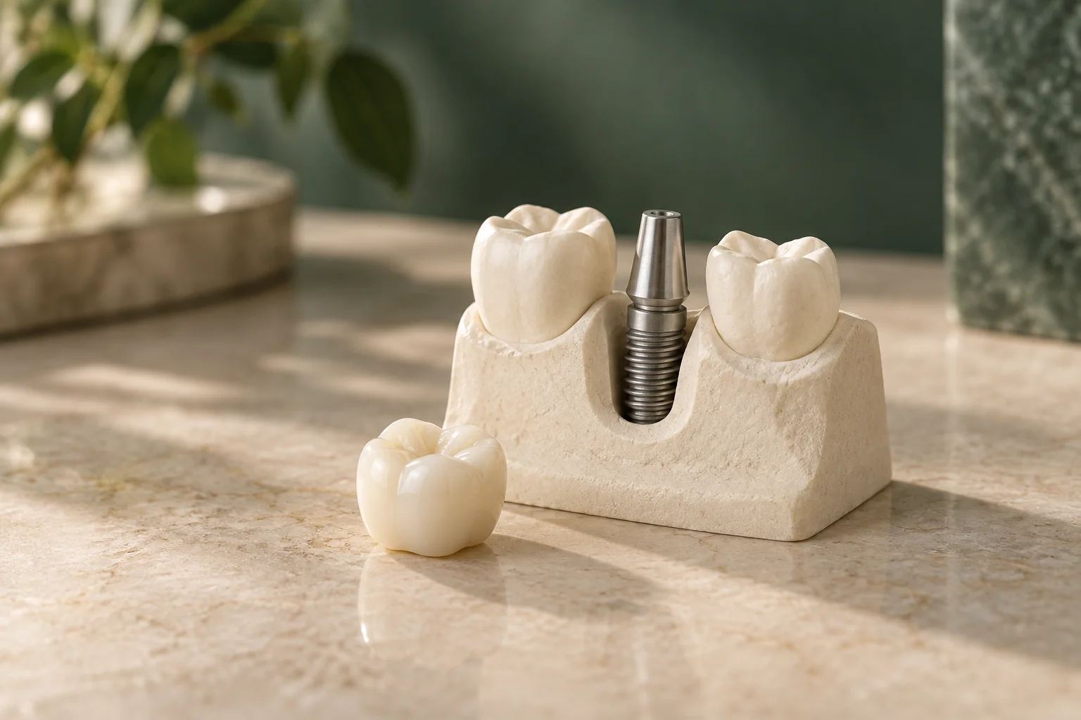 Illustration von Implantat, Aufbau und Keramikkrone an einem Dentalmodell